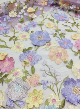 XL228单边浪漫多色礼绣花网布立体贴花紫刺绣布菊花纱多色绣花服