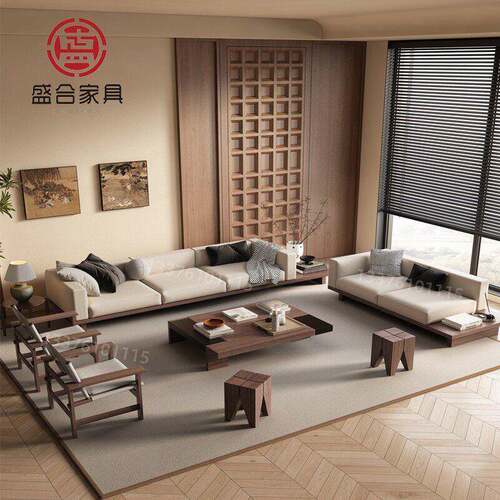 中古风酒店民宿大平层别墅侘寂风会所洽谈接待实木沙发组合设计师