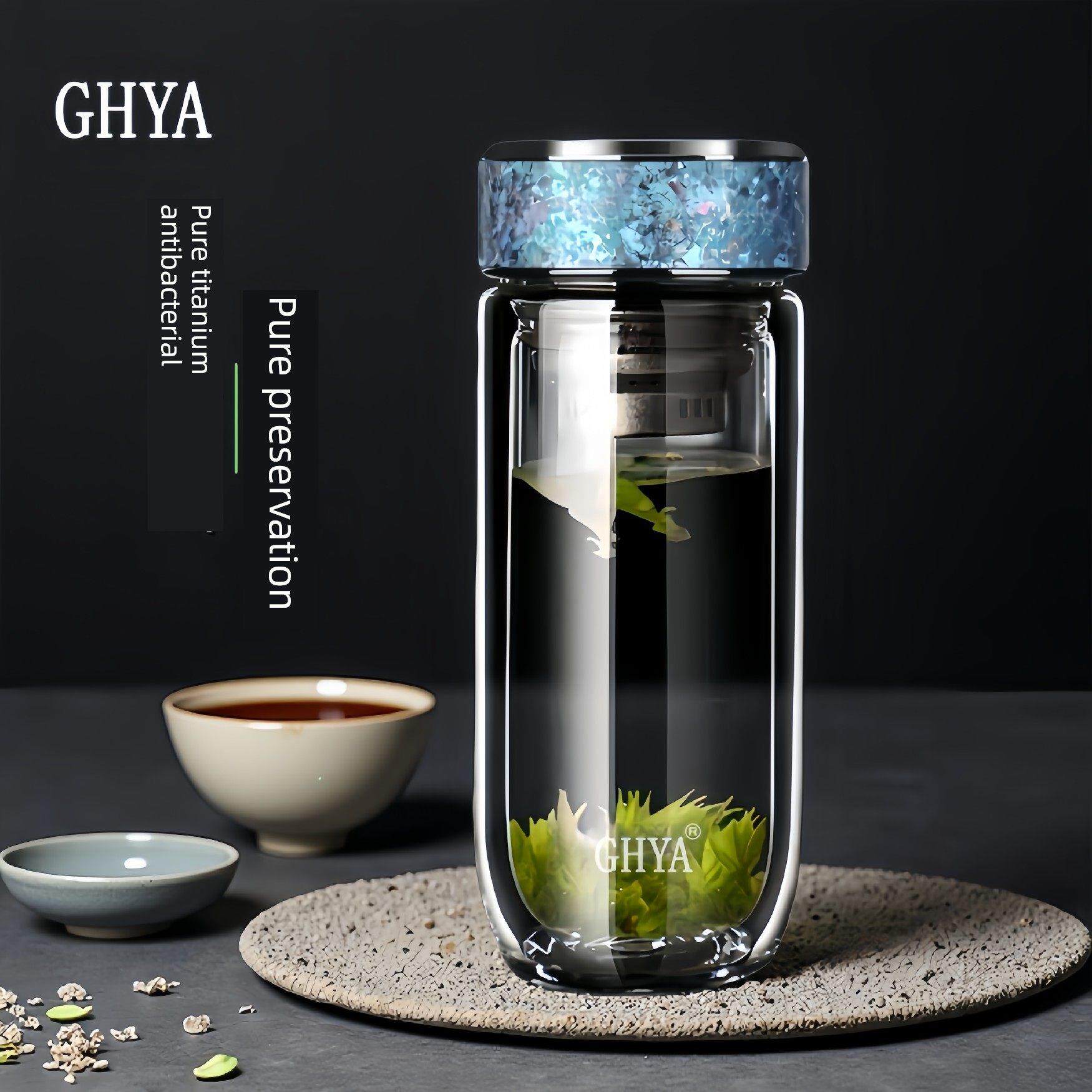 Ghya高档纯钛双层隔热男杯、茶水分离茶杯、高颜值女雕鹅蛋杯