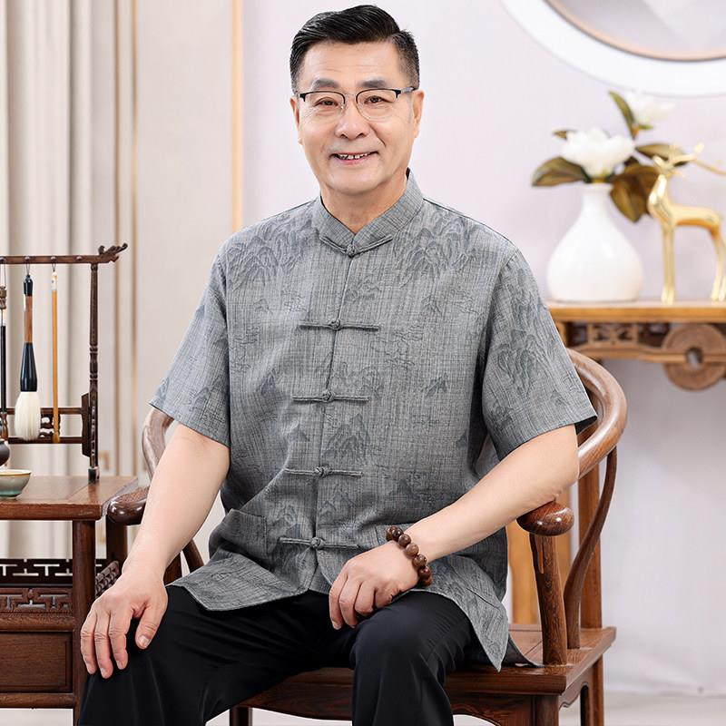 棉麻中国风唐装男2025夏季中老年70岁爸爸夏装中式短袖爷爷装衣服