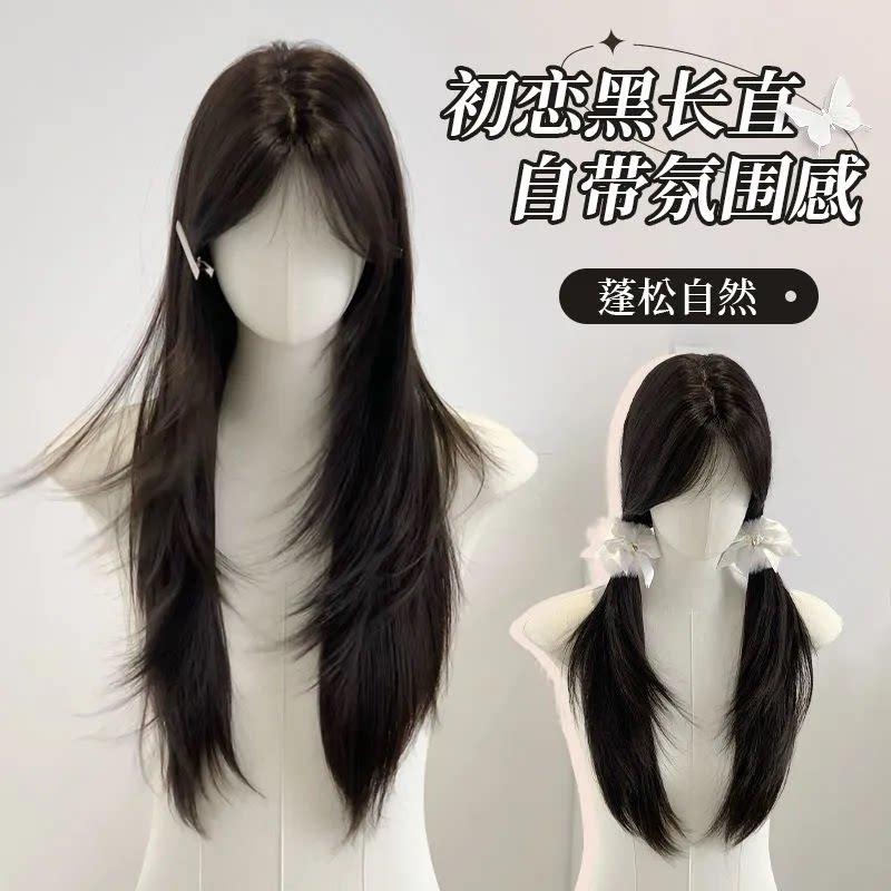 假发女黑茶色中分八字浏海高层次显白黑长直彷真发初恋自然全头套