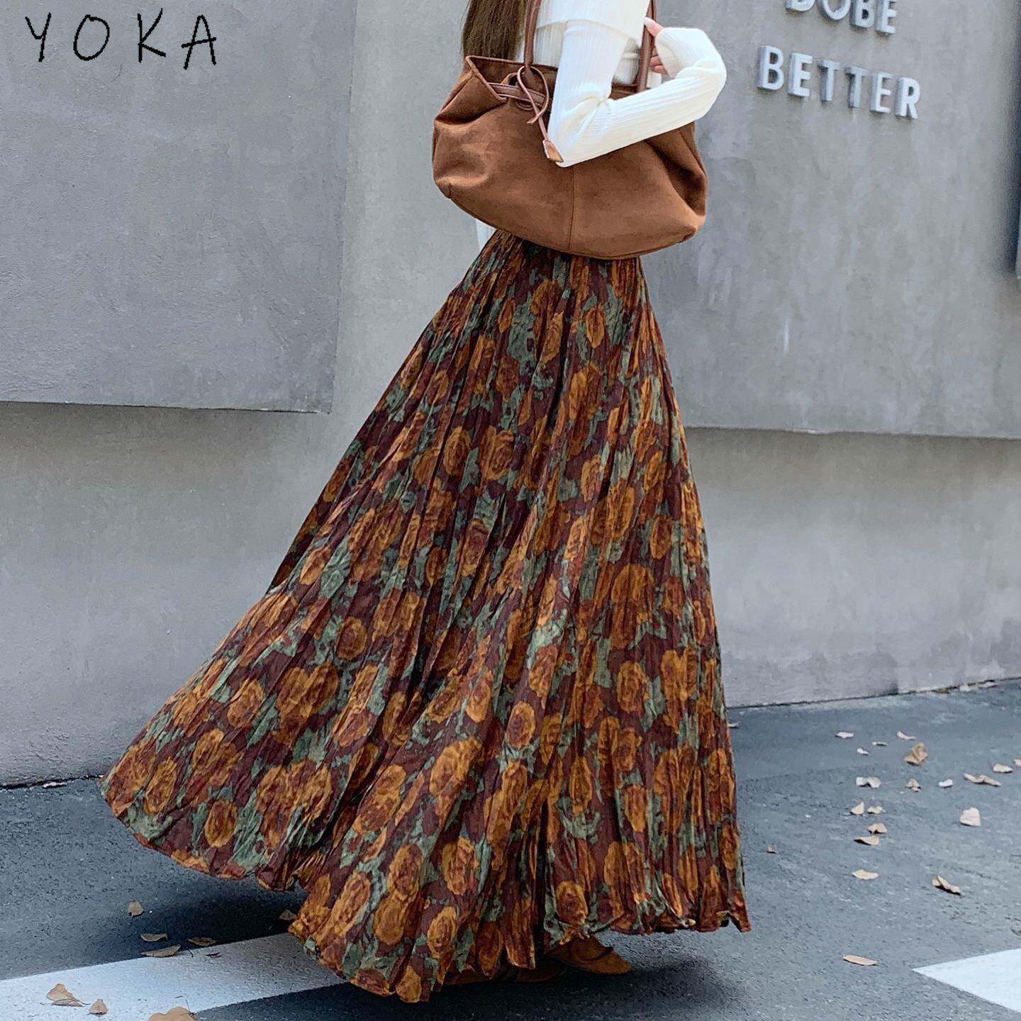 咖色半身裙女2026春秋新款设计感印花百褶休闲长裙减龄a字高腰裙