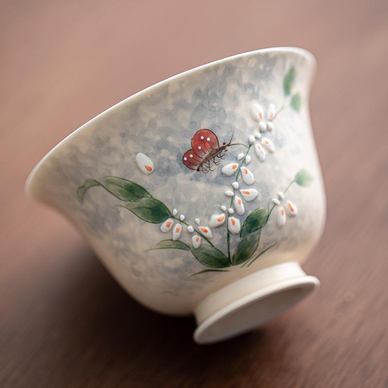 手绘文心兰二才盖碗茶杯不烫手陶瓷泡茶碗中式田园风茶具茶碗