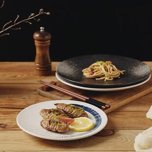 直销新款 简约条纹瓷牛排盘家用复古亚光釉圆盘意面盘 严选圆形日式