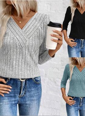 Women's Plain V-Neck Casual Long Sleeve T-Shirt Knitwear,