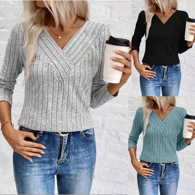 Women's Plain V-Neck Casual Long Sleeve T-Shirt Knitwear