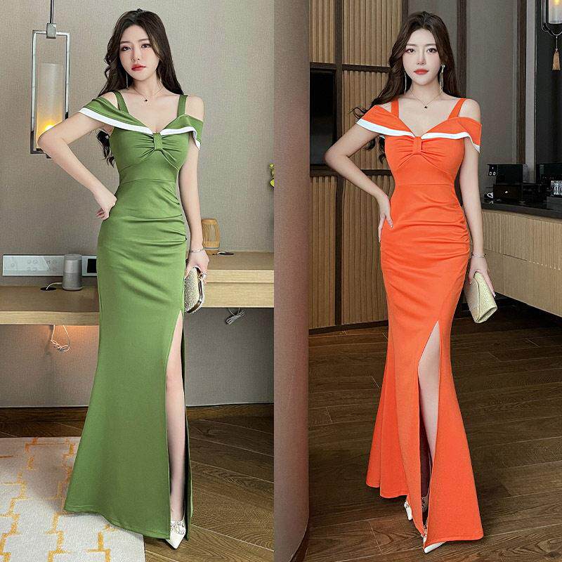 夜场晚礼服性感桑拿洗浴技师工作服公关佳丽低胸显瘦露肩长裙