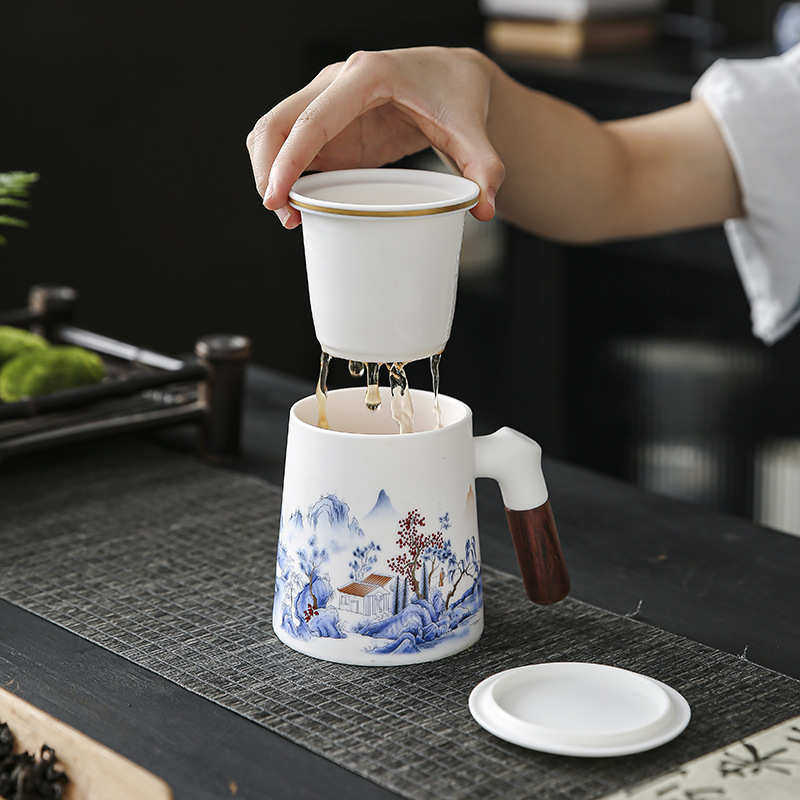 德化羊脂玉瓷办公杯过滤三件套杯子套装家用办公室泡茶杯商务礼品