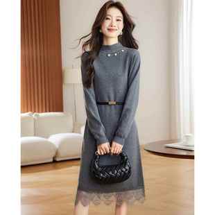 蕾丝拼接针织连衣裙女秋冬2025新款 内搭打底裙子 洋气配大衣中长款