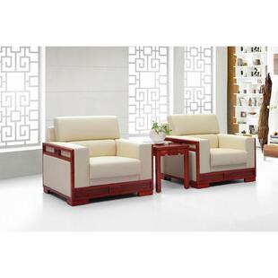 中式木扶手布艺VIP贵宾接待沙发商务会议会客单人位沙发茶几组合