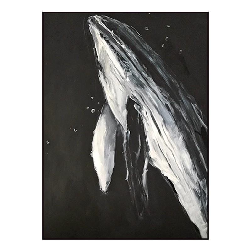 手绘油画黑白鲸鱼玄关装饰画现代简约客厅沙发背景墙高级感挂画