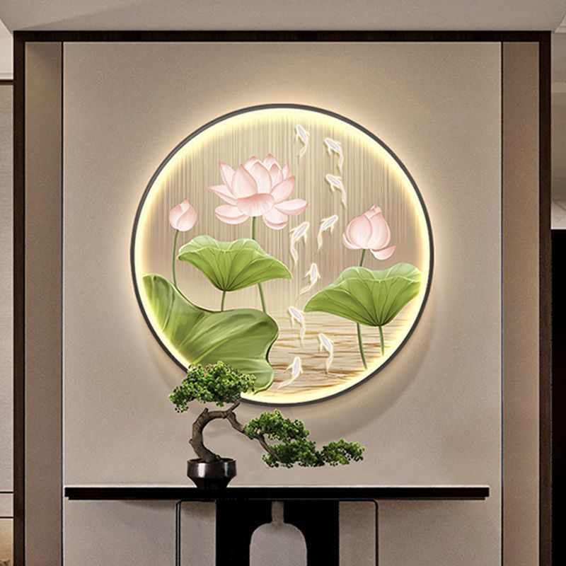 图楼梯间新装饰画荷走廊过道led挂画灯鱼壁画玄关圆形莲花九中式图片