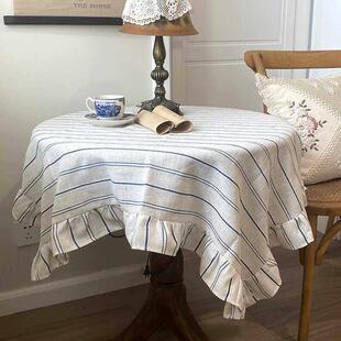 日式棉麻条纹桌布Wabi-Sabi风格照片背景布圆桌咖啡桌套矩形桌布