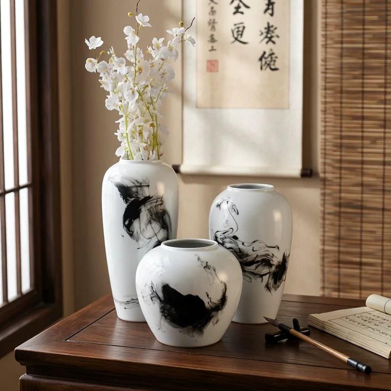 新中式水墨画陶瓷花瓶摆件新中式客厅插花景德镇陶瓷花瓶家居水培