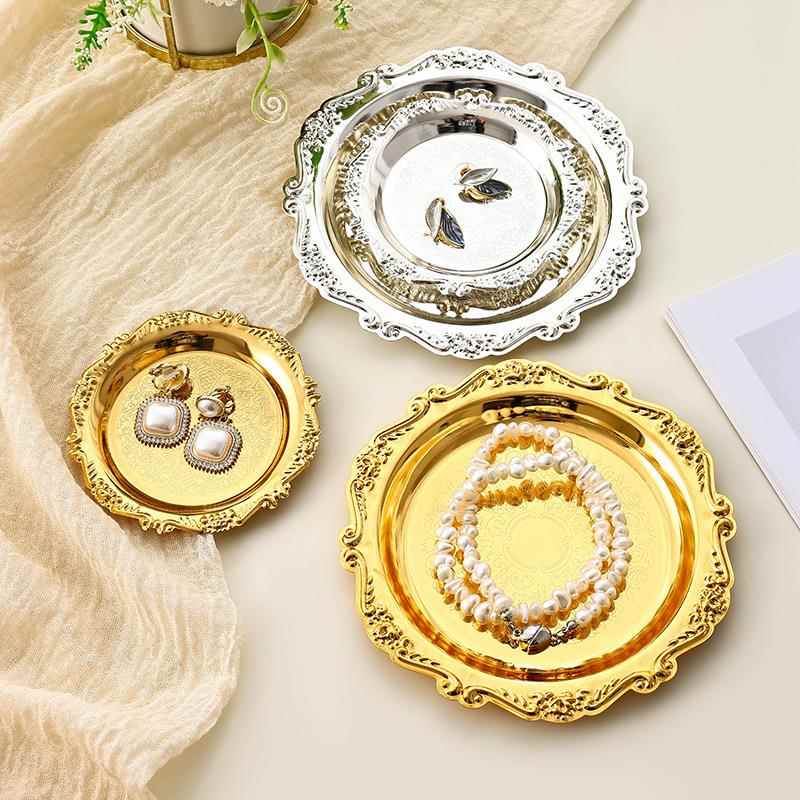 金属圆形蛋糕盘网红迷你首饰盘小吃托盘点心盘复古雕花金色收纳盘