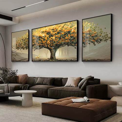 现代简约客厅装饰画发财树沙发背景墙三联挂画寓意好晶瓷镶钻壁画