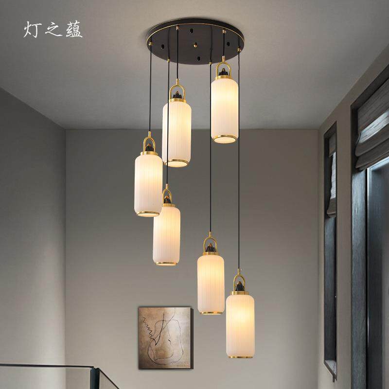 全铜新中式 创意小吊灯 楼梯卧室床头吊线灯复式别墅楼中楼长挂灯