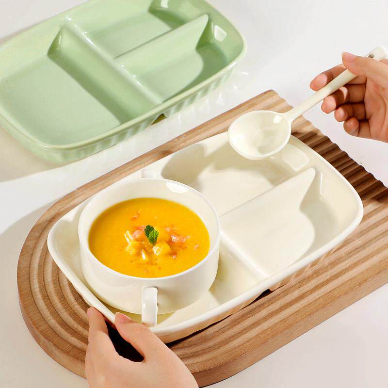 早餐盘套装高颜值分格盘一人食餐具儿童餐盘陶瓷家用分餐碗双耳碗