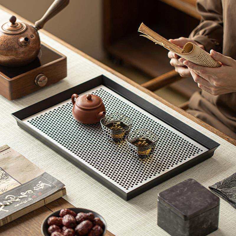铁艺白铝茶盘家用四方形小型干泡茶台高级储水茶几壶承茶具托盘