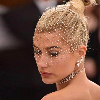 Birdcage Veil Rhinestone Headband White Net Facce Headband V