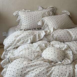 宽花边全棉A类皱皱纱布四件套双层纱A类柔软韩系复古柔软被罩 法式