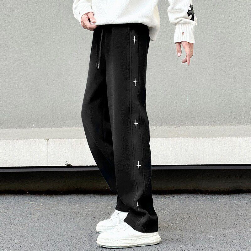 仓石一树潮牌春秋款直筒裤刺绣十字星百搭水洗做旧休闲长裤男卫裤