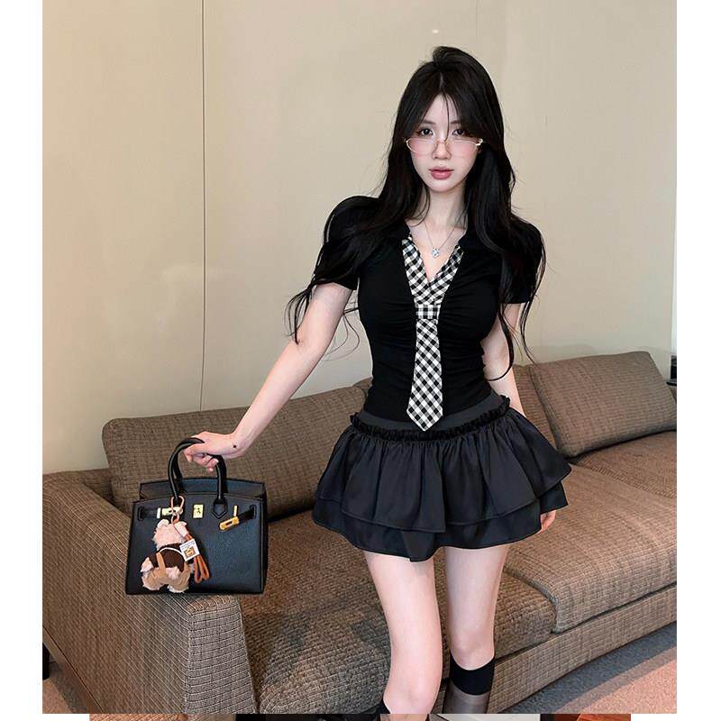 夜店上班衣服辣妹显瘦短袖上衣女蓬蓬短裙套装美容按摩足浴技师服