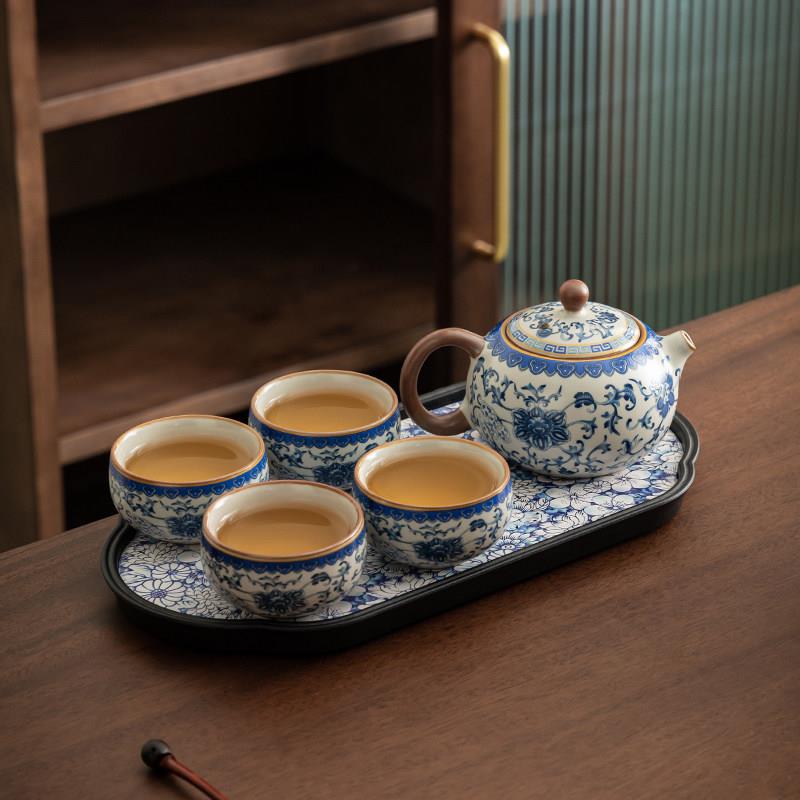 汝窑青花功夫茶具套装一壶两杯四杯茶壶盖碗陶瓷家用开片客厅办公