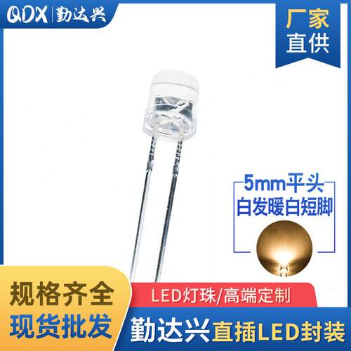 f5平头白发暖白5mm暖白光高亮有边长短脚暖白散光大角直插led灯珠