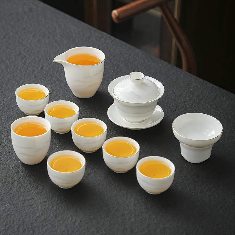 晟翔陶瓷茶具羊脂玉现代简约水墨峰盖碗主人杯11件