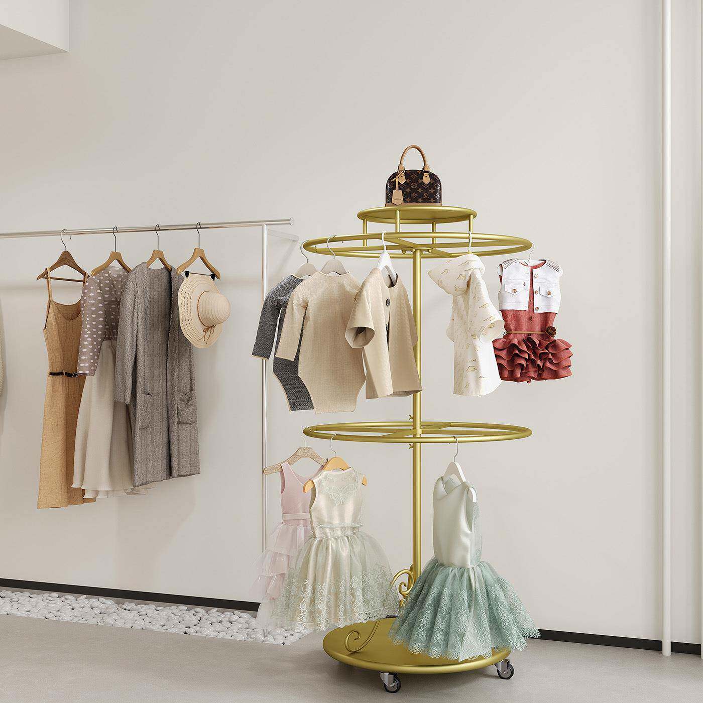 童装店圆形货架旋转中岛架落地式置物架双层短裤泳裤泳衣服装衣架