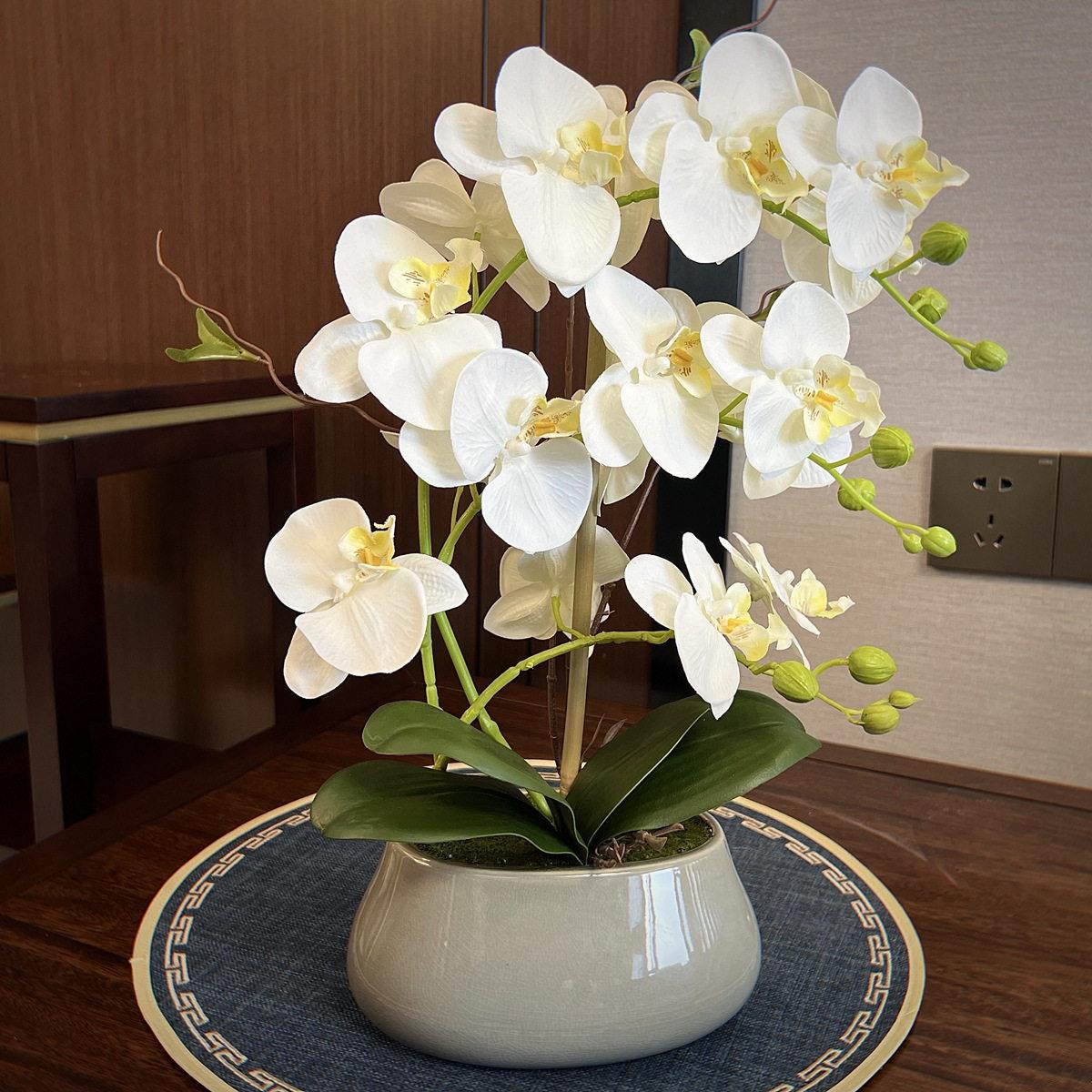 蝴蝶兰盆栽 手感过胶绢花仿真盆栽假花盆景 家居装饰摆件植物
