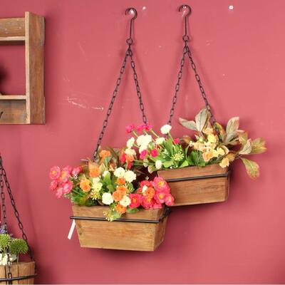 铁木复古挂壁方形小花盆（2件套） 做旧木家居花架厂家直供量大