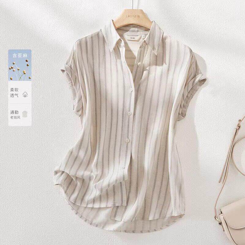 潮牌老钱风条纹短袖衬衫女夏季2025年新款韩版设计感休闲 宽松上