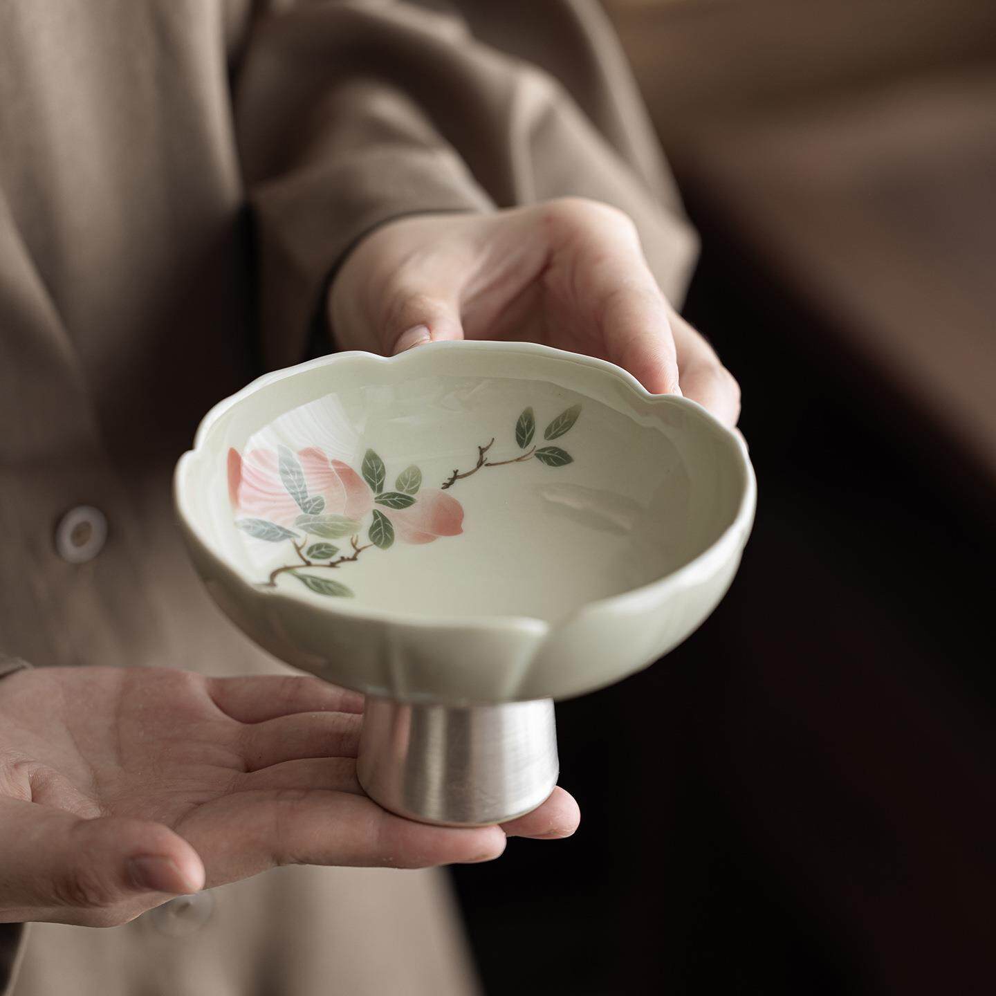 新中式手绘粉桃鎏银高脚茶点盘点心水果盘中式高足供佛糕点陶瓷盘