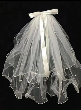 白色头纱新娘结婚主婚纱领证拍照道具造型蓬蓬松法式简单高级韩式