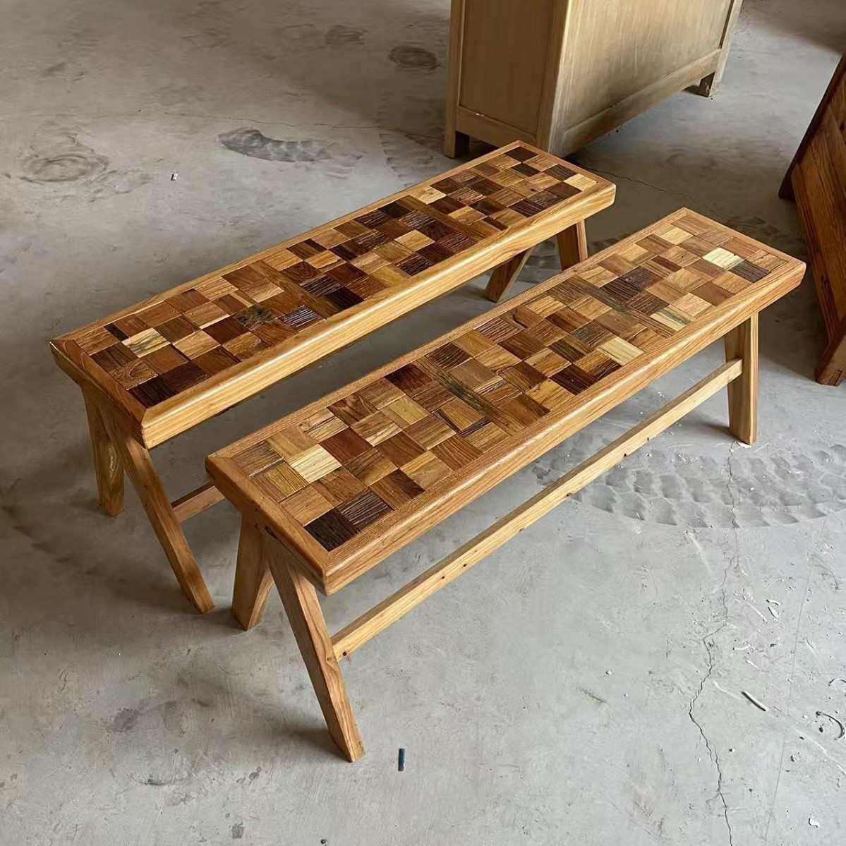 老榆木长条凳实木短凳洼凳换鞋家用双人矮凳复古风餐桌拼花木板凳,住宅家具,矮凳,淘宝优惠券,粉丝福利购,淘宝优惠卷