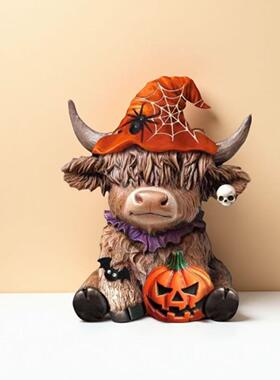 跨境新品万圣节蜘蛛南瓜高地牛雕像家居桌面装饰品摆件办公室摆件