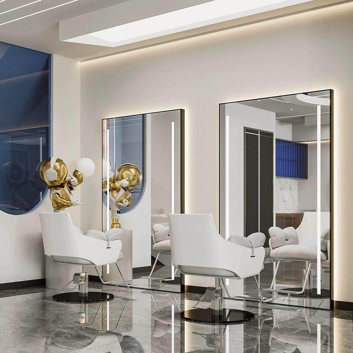 网红理发店镜子发廊专用单面落地挂墙剪发美发店镜台带灯LED智能