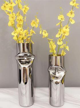 现代简约欧式圆柱夹扁造型玻璃花插花器摆件样板房售楼处软装饰品