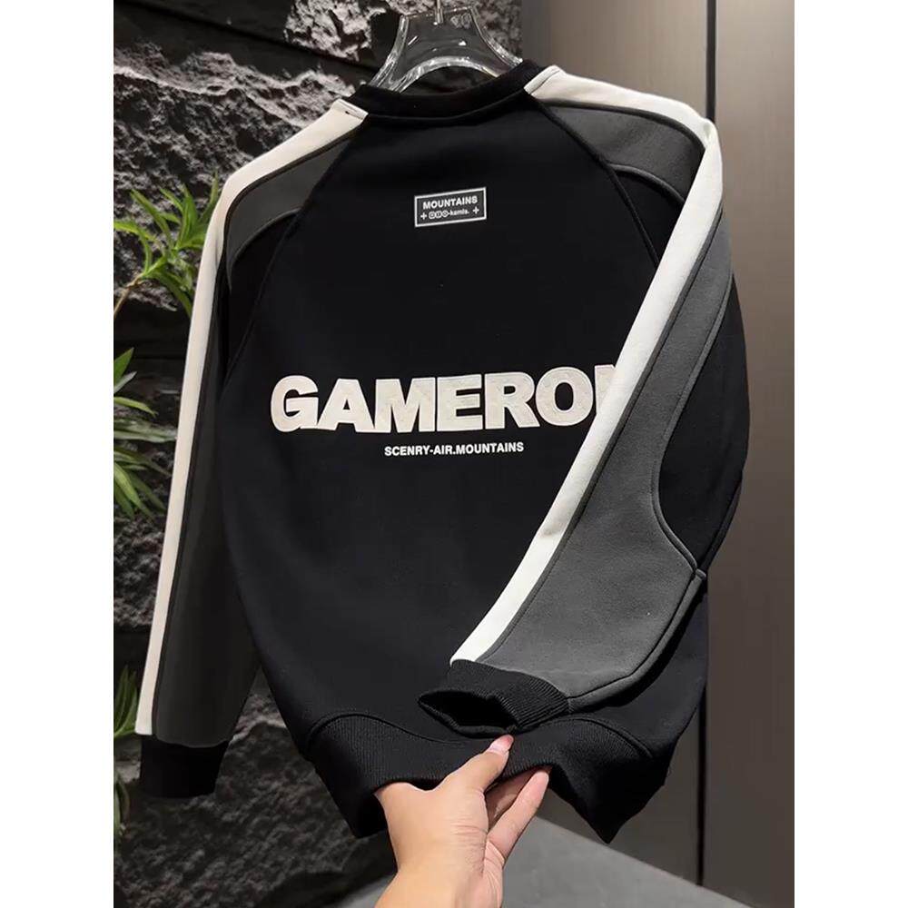 MAROLIO~强烈推荐！美式潮牌圆领卫衣男高街时尚撞色拼接休闲上衣