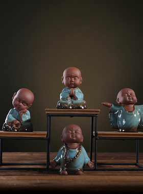 龙器 禅意小和尚沙弥摆件陶瓷人物紫砂客厅书房酒柜软装饰工艺品