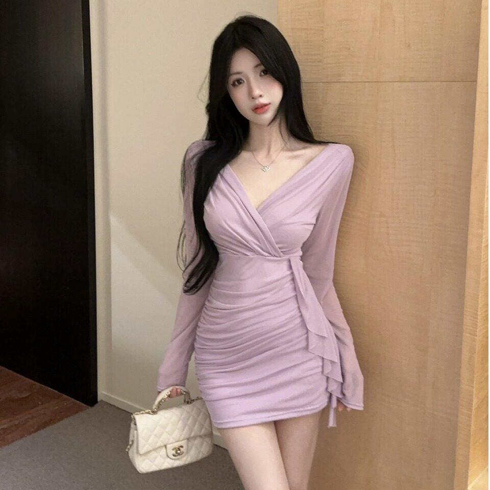 辣妹低胸性感深褶皱收腰显瘦网纱流苏拼接长袖内搭打底包臀短裙