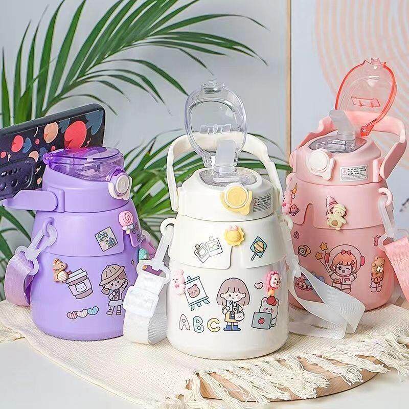 316不800ml锈钢保温杯网红大肚杯男女生户外背带吸管杯便携水壶