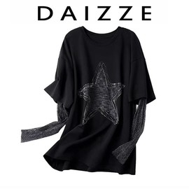 DAIZZE~23春装时尚烫钻水钻星星T恤女拼接网纱袖子假两件上衣