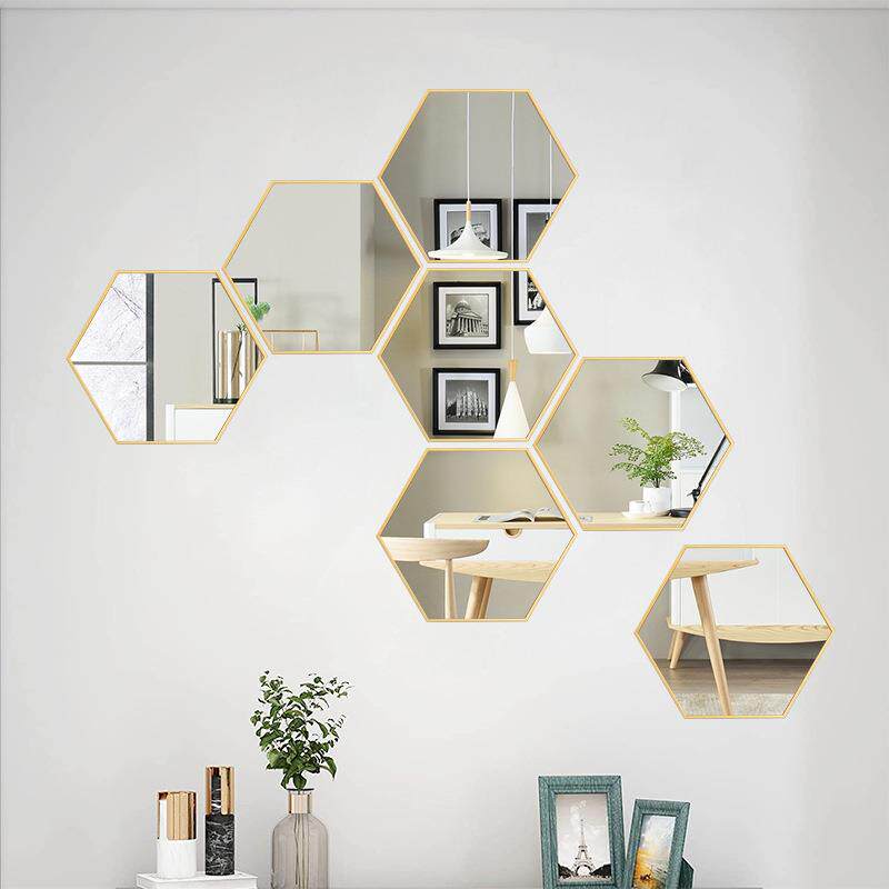 直销新款高清防碎六边形墙面装饰镜卫生间六件套组合浴室镜DIY自