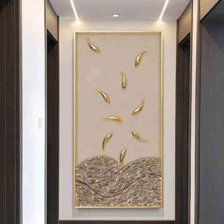手绘九鱼图轻奢玄关装饰画寓意年年有余简约客厅立体画竖版入户走图片
