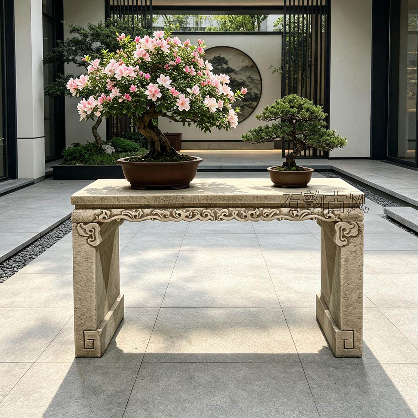 仿古石雕条桌石材条案台庭院户外汉白玉做旧花架石头盆景底座供桌