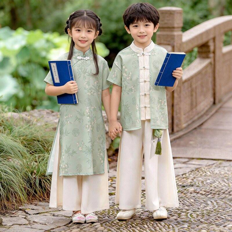 儿童新中式唐装演出服男女童汉服国学服小学生国风合唱朗诵表演服