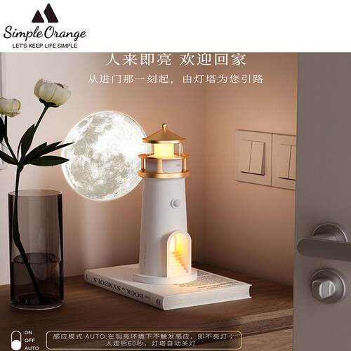 月光灯塔投影灯感应玄关夜灯人来即亮自动感应灯蓝牙音响摆件礼物